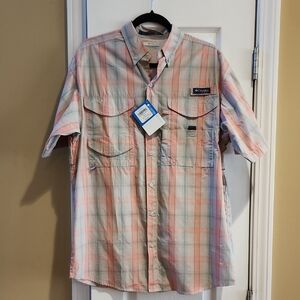 Columbia Men’s Short-Sleeve Plaid Button-Down Shirt - Coral and Light Blue